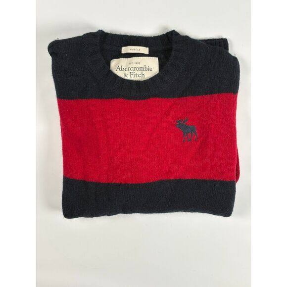 Abercrombie Sweater Mens Muscle Fit 100% Wool Size M Red Navy Striped Vintage - Picture 3 of 5